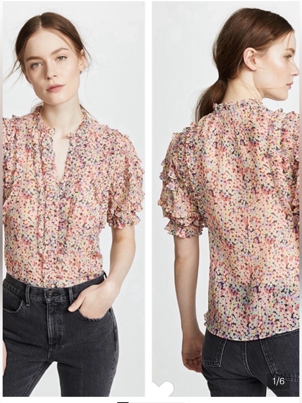 Rebecca Taylor Margo Floral Cream Multi-Ruffle Short Sleeve Blouse